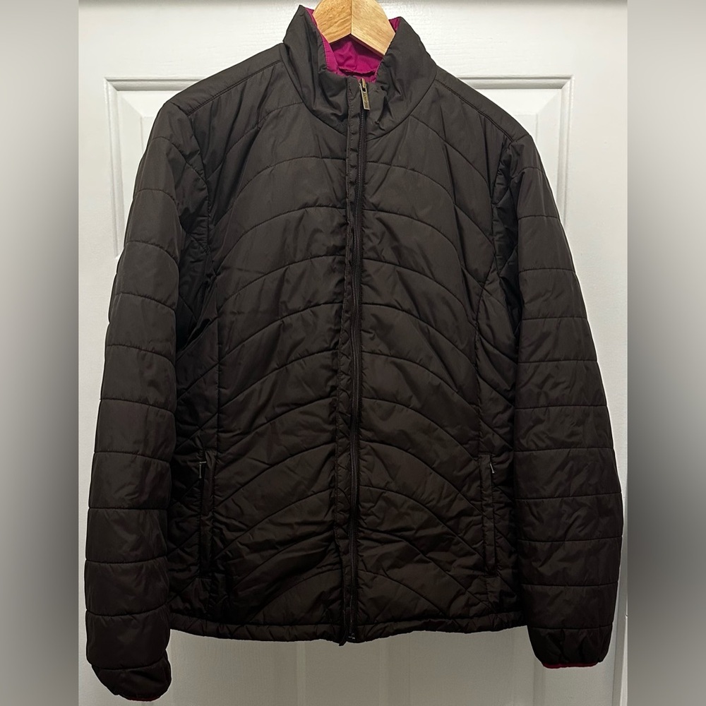 Lands End Quilted Puffer Jacket Brown Pink Womens Size Large